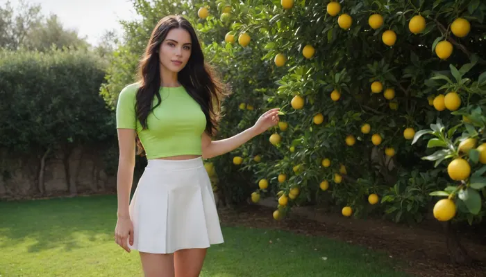 The photo shows a woman Jessie from the Rocket Team in a bright neon green top. She has long dark hair, a short white skirt, and light sandals. There is no underwear under the clothes and it is noticeable. She stands sideways to the camera, leaning on a lemon tree covered with fruits. The wind blows her hair and lifts her skirt.

The background is a garden with grass and green bushes. A stone wall is visible on the right.