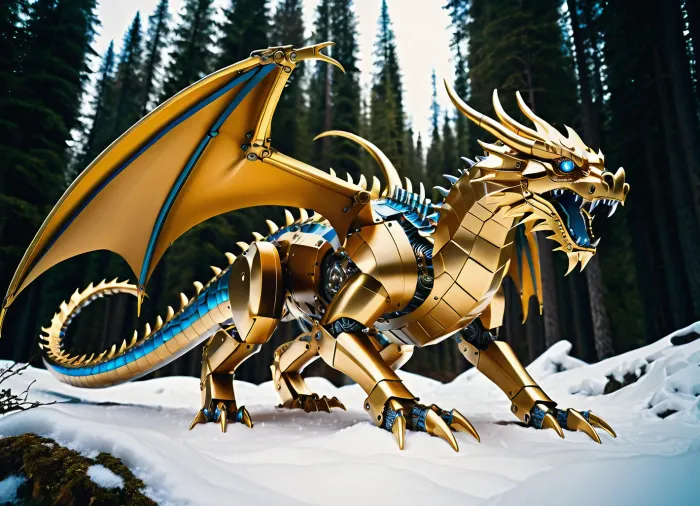Mechanical dragon made of metal and gold with blue eyes, crouched on its paws, in a snowy mountainous forest area. Cyberpunk, futuristic art. Bright daylight. Close-up, wide-angle shot. Detailed elaboration, atmospheric, bright colors, photorealistic.