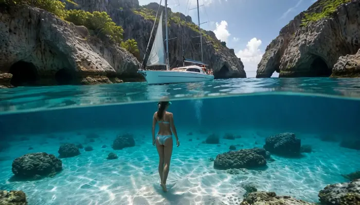 full body view of stunning slender woman, snorkeling against the backdrop of a noble sailing yacht in turquoise water. texture, photorealistic, The yacht is anchored in front of a large Caribbean cave, sunlight_str1, underwater, grotto, cave, sandy, sea, floor, reef, <lora:sunlight_str1-SDXL_v1-dim64-steps1691:1.2>, <lora:MJ52:.3>, <lora:Underwater_Environment_v01-000002:.9>, <lora:Splitshot:.4>