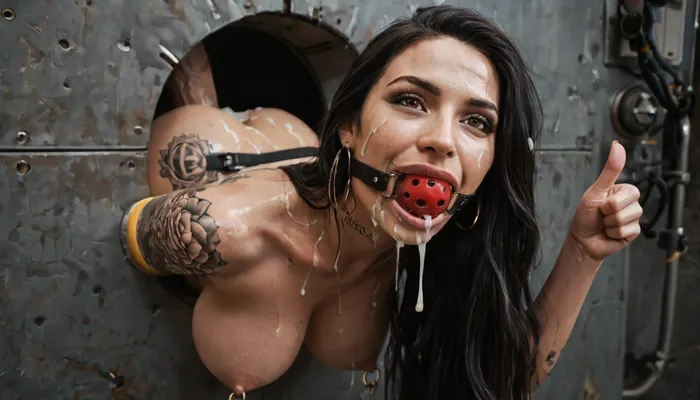 Extreme realism, high definition, 4K, (dirty mature brunette woman is stuck with her hips in a round hole with metal rim in an arcade machine on a busy street, wearing a ball gag), (she shows thumbs up:1.3), (very long black hair:1.4), (covered in tattoos:1.4), (straight hair, perfect perky breasts, nipple rings), (oiled skin:1.2), (stuck in round hole with metal rim:1.1), (wide metal box), (arms restrained in contraption:1.4), (wide angle, full machine in picture:1.1), (bustling street, passersby:1.3), (mouth closed, smiling, brown eyes, obsessive:1.5), (her arms are fixated in machine:1.5), (score_9, score_8_up, score_7_up, UHD 8K, masterpiece, best quality, maximum details, long distance shot:1.2), natural light, extreme realism, cinematic still, (very happy:1.3), (her hands are protruding from holes:1.3), (stuck in hole with metal rim), (ball gag, mouth closed:1.5), (leaning forward), (huge penis), (she stares at erect penis in front of her face:1.3), (a lot of cum on her face, bukkake:1.5), (((black hair))), (((very long hair))), (gorgeous face:1.3)
