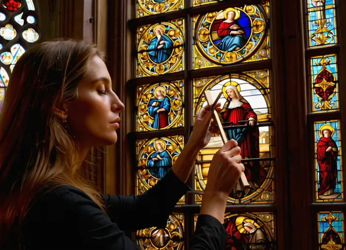 Masterpiece, detailed, high resolution, 8K, extremely detailed, (photorealistic:1.2), the interior of the Cathedral of Our Lady of Paris, ((female master stained glass artist, with long hair, standing on high wooden scaffolding, above the front door of the cathedral, concentratingly assembling from small colored panes of glass, the stained glass window of the Southern Rose, in the Gothic cathedral of Our Lady of Paris, inserting pieces of glass into the lead frame, assembling a masterpiece mosaic image, on his concentrated face glisten large drops of sweat, eyes scrutinizing each piece of glass)), (close-up of the master:1.4), natural light, colored reflections from the stained glass on the walls, Close-up, only part of the stained glass Southern Rose is visible, wide-angle shot, waist view. Detailed, atmospheric, vivid colors, photorealistic.