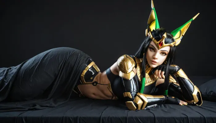 ((hybrid:2), brigitte from Overwatch, rancor, Sekhmet, eagle, megaman, robocop), solo, sexy pose on the bed, black background