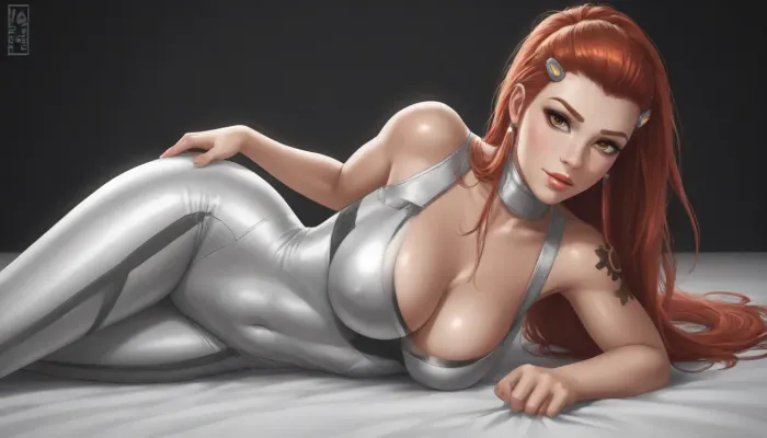 brigitte from Overwatch, solo, a very very very long thick braid, red hair, full lips, thick lips, huge chest circumference, dark olive skin, tight micro Starfleet Officer metallic high-necked long-sleeved high-rise bodysuit, sexy pose on the bed, black background