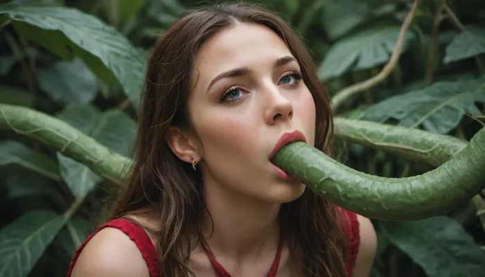 Scarlet Witch caught in plant tentacles, plant tentacles wrapped around her neck, plant tentacles wrapped around her arms and legs, a yellow puff of smoke in her face that hypnotizes her, a plant tentacle dick going in her mouth and down her throat