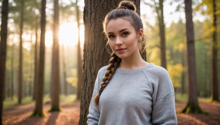 (blurred tree in the front of the camera:1.1), woman, (grey sweater:1.15), bottomless, black boots, hazel eyes, brunette braided hair, two hair buns, small rounded breast, rounded ass, trimmed pubic hair, break, shiny skin, perky nipples, sultry, selfie, hoop earrings, (behind a tree:1.3), forest, (sunlight filtering through forest roof:1.2), (sunset), (beautiful forest landscape), northern rainforests, cinematic composition, shallow depth of field, creamy background blur, soft bokeh, subject in sharp focus, low light photography, cinematic look, blurred background, portrait lens effect, soft and dreamy atmosphere, foreground and background separation, wide aperture lens effect, front view