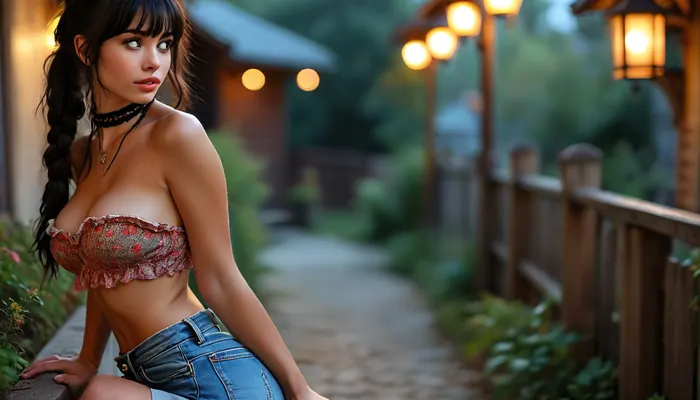 a cute, mousy 19-year-old girl can be seen in her own backyard, at nighttime, over the fence, she is looking away, unaware. She is curvaceous with wide hips, large saggy breasts far apart, and a very skinny waist. She is in a teasing sexy pose, showing off her perfect ass and hard erect visible nipples, poking out her butt, slightly bent over. Needing sex, Her seductive expression is adorable as she wears a see through off shoulder floral frilly crop top, very high-rise tight jeans, brown belt cinched at her natural waist, very high platform heels, thick brown leather choker. She is touching her own tits, pushing them together. She has very long black hair with straight bangs and one single thick braid. Short torso with long skinny legs, high defined protruding hip bones. the nighttime setting, illuminated by warm, golden lamp light. Her symmetrical eyes, perfect teeth, and sexy mouth create an alluring look., large, saggy, breasts, big, boobs, huge, tits, but, <lora:bombshell_v2:2>, <lora:BUT_SDXL_SHS:2>, <lora:MJ52:2>