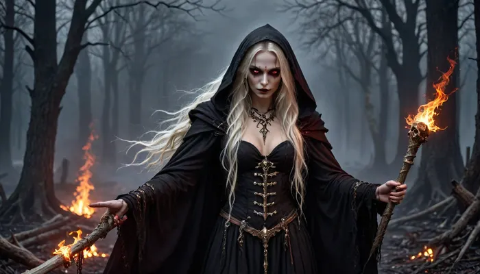 (dark fantasy style:1.4), (epic mysterious scene:1.2), young beautiful witch girl 28 years old, skinny, (thin waist:1.2), long tangled dirty white hair, (girl with a evil smile looks at the camera:1.2), (long cloak with hood:1.2), (bone jewelry:1.4), (magic staff:1.2), (bloody makeup), (burning red eyes:1.2), (magical energy in the girl's hand:1.5), (dark swamp in the background), (darkness:1.5), fog, mist, (colorful magic light:1.3), side view, <lora:OrbstaffV2XL:.5>, <lora:Dark Fantasy:.5>, <lora:dark_fantasy_art:.5>