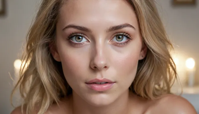 18 Year old woman, (portrait, portrait with emphasis on her eyes, close up of eyes, zoomed in on face), (Scandinavian and Irish features), (photorealistic, photo realistic, photorealism, photo realism:1.5), (professional photography), (4k, 8k, 8k resolution, best quality, ultra quality, highest quality, maximum quality, uncompressed, raw source photograph:1.2), (smokey room full of haze with floating sparks, heat shimmer, hazy smoke golden glow:1.3), (same color eyes, symmetric eyes, matching eyes, detailed eyes, detailed iris, detailed pupils, limbal ring around iris, perfectly round iris:1.1), (detailed skin, high detailed skin, intricately detailed skin, perfectly detailed skin, high quality skin, highest quality skin, exquisitely textured skin), (intricate clothing, detailed clothing), (microblade eyebrows, perfectly manicured eyebrows), (flushed cheeks, flushed neck, blushing cheeks, blushing neck), (her wide strong jaw highlights her powerful jawline, high cheekbones, sharp cheekbones, faint vellus hairs), (upturned button nose, delicate nose), (long messy windblown hair hangs loose hair framing her face, glowing blonde hair with dark roots:1.1), (eyes slightly crossed, big eyes, wide eyes, doe eyes, slightly wide set eyes), (striking eyes, captivating eyes, mesmerizing eyes, Fae eyes), (tanned skin that accentuates her pale skin revealed by tan lines), (large natural soft breasts, high breasts), (athletic body, sporty body, lean body, fit body), <lora:20231122-1700582714007-0001:.5>
