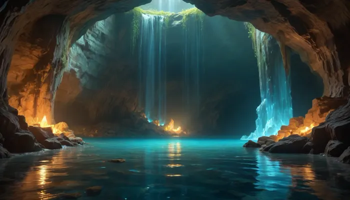 Gorgeous cave. Giant and intricate details. Glistening glowing pools of magical water. Bioluminescent crystals clinging to the cave walls. Garmash. Wlop. Guweiz. Oil paint strokes. Surreal. Outlines. Vivid and surreal crystals and magical water.