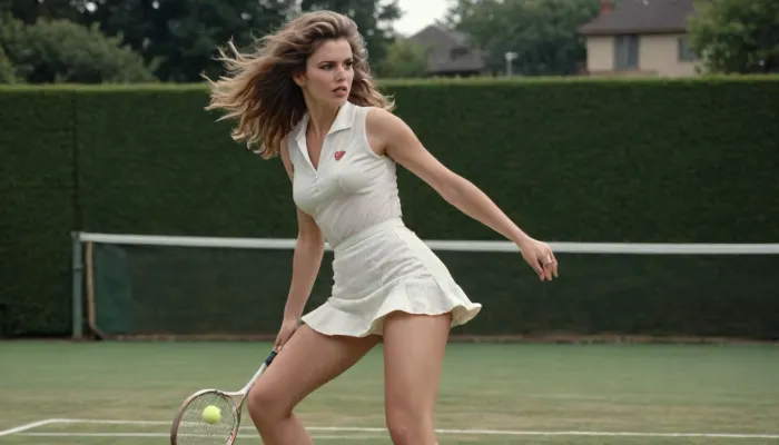 woman, 1950s housewife, long messy hair, (perfect ass), playing tennis in a grass court, seductive, (messy hair), (side view), (detailed clothing), (detailed background), ((upskirt)), Americana Style, vintage painting advertisement, retro 1950's style, microskirt, naked ass, visible pussy