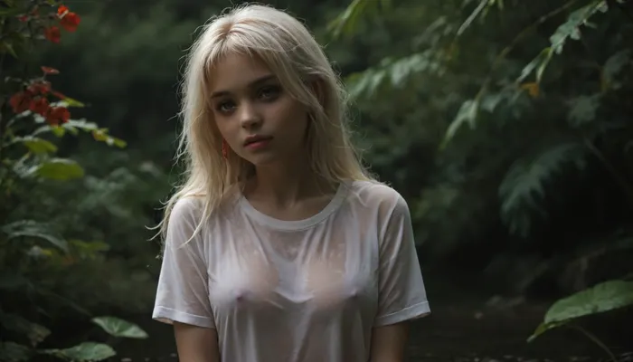 klee from genshin, albino white kin, very long hair, cutest, pink sheer tee shirt, pink plaid skirt, w3t, wet, tshirt, <lora:w3t_SDXL:.8>, <lora:dark:.3>