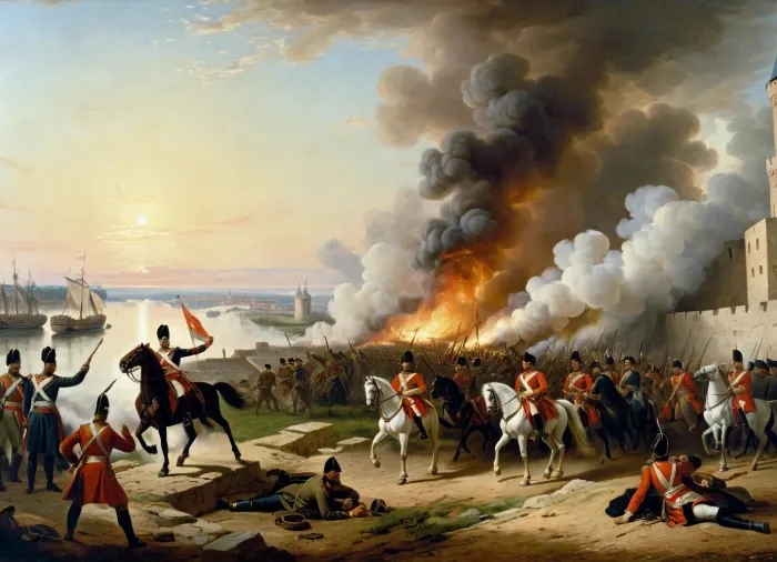 masterpiece, full color image, 8K quality, oil painting by a Russian artist, The painting depicts the very moment of the beginning of the storming of the fortress in the early morning. On the right, in the foreground, there is a cannon, from which Russian gunners fire a signal shot to attack. A.V. Suvorov is shown on the left, sitting on his white horse Mishka, and M.I. Kutuzov is on his right hand. Next to them are Russian soldiers and officers storming the bastions and walls of the burning Turkish fortress of Izmail. On the right side of the painting is the Danube River, where you can see the outlines of the boats of the landing troops.