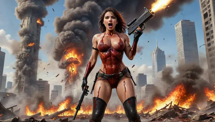 Photo, 8k, score_9_up, score_8_up, explicit, highest detail, sexy happy excited laughing attractive latina, ((she is standing on top of many corpses)), red lipstick, long dyed messy hair, army outfit, upskirt, tall with gorgeous shapely legs, topless, no pants, black fishnet stockings, boots, she holds a huge black bazooka and is firing the bazooka at the sky, a helicopter is exploding in the sky, buildings exploding in the background, bloody, gory, corpses, uberfit, muscular, athletic, boltgun, Explosion, Artstyle, Sch0llg1rl, American, African, Caribbean, Indian, Australian, Chinese, Japanese, Korean, Polynesian, European, Latin, Arabic, Hispanic, Canadian, Mexican, Cuban, uniform, Blood_Covered, <lora:uberfit_lora_sdxl:1.9>, <lora:boltgunXLLoRAv1:2>, <lora:Explosion Artstyle - Trigger is Explosion Artstyle:2>, <lora:Schoolgirl:1.9>, <lora:Blood_Covered-step00001743:1.9>