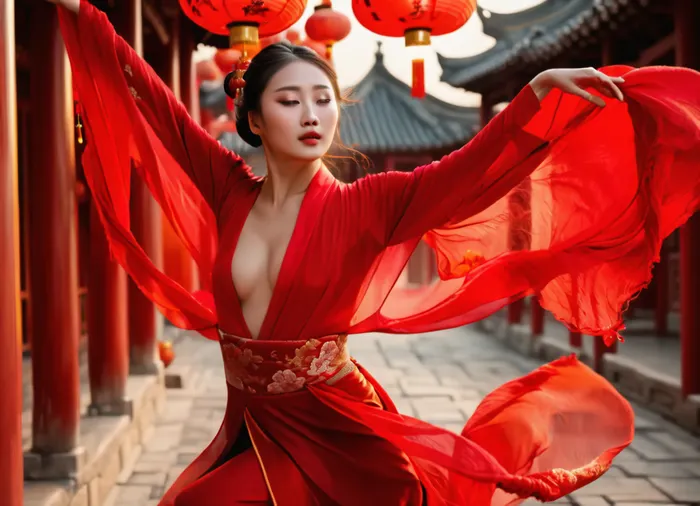 A adault chinese woman in traditional Chinese costume, barely covered breasts, in a dancing pose, fluttering red fabric enveloping her, (hands hidden by the fabric of flowing sleeves:1.7), with delicate makeup, red headbands and buns in her hair, against a backdrop of traditional Chinese architecture, a lantern festival, lots of glowing Chinese lanterns on the street and in the air. Artistic style, digital art inspired by traditional Chinese painting and modern fantasy. Lighting, Soft diffused evening light with a slight glow from red elements. Composition, (Waist-level shot:1.6), Close-Up, dynamic angle emphasizing movement. Additional details, Elegant details, atmosphere, bright colors, photorealism., Chinese, traditional, architecture, chinese, sino, ancient