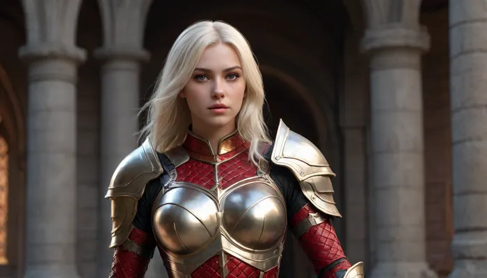 28 year old woman, Attractive female with long platinum blond hair. Full body photo, long beautiful legs, Smolder. Alluring-expression. Wearing armor of red scales with gold trim and Black inlay. No helmet., castle interior background. digital painting, digital illustration, extreme detail, digital art, 32k, ultra hd, beautiful d&d character portrait, dark fantasy, detailed, realistic face, digital portrait, intricate armor, fiverr dnd character, wlop, stanley artgerm lau, ilya kuvshinov, artstation, octane render, hyperrealism, dynamic lighting, unreal engine, clean lines, deviantart