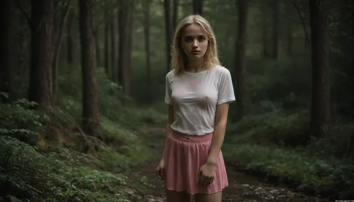 8K, masterpiece, ultra HD, ultra realistic, photo realistic, best quality, professional photography, high quality, Perfect petite, slender, nordic, beautiful, 19yo blonde girl, barely legal, shy, innocent, sensual, erotic, alluring, albino white kin, very long hair, cutest, pink sheer t-shirt, pink pleaded skirt, wet, forest clearing rainy midnight, full body in frame!, <lora:w3t_SDXL:1.2>, <lora:dark:1.2>