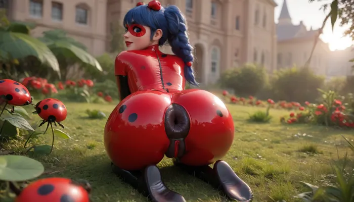 ((ultra-realistic)), (((bright contrasting picture))), ((hyper-detailed)), best quality, masterpiece, soft lighting, soft shadows, ((high quality)), (((Resolution 50k))), Disney princess cosplays as Marinette Dupain-Cheng in latex Ladybug outfit, (the seductive Ladybug is looking back), (Love Hotel), very big plump round ass, (long lush hair), ((black shiny anus)), thick big thighs, tail up, shiny latex, ((she is smiling)), the butt is raised high up, on knees bending low, blue hair, (((big RED thick lips))), (big black thick anus), ((she has a round ass)), (she is in the Love Hotel alone), (((dressed in sexy ladybug latex, Love, Hotel, translucent, transparent))), dualtails