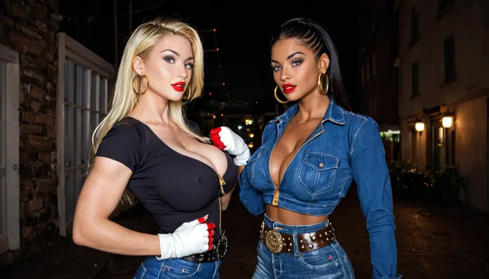two women, straight side-parted hair, extremely large implants, one blonde, wrap both arms around each other at late 1980s outdoors fitness contest. tight black washed super high-waist jeans extremely high waisted, thin studded punk belt. white extremely high-cut one-piece, open zipper front, red with golden outline OUTSIDER lettering overlaid black spade symbol. huge thick golden hoop earrings, white fingerless gloves. deep side part. round implants, Red lipstick., (massive perfect breasts:1.1), aidmaRealisticPeoplePhotograph., raw, lighting, overexposed, harsh, flash, <lora:SDXLHighDetail_v6-000005:.8>, <lora:Rawfully Stylish v0.2_epoch_20:.8>