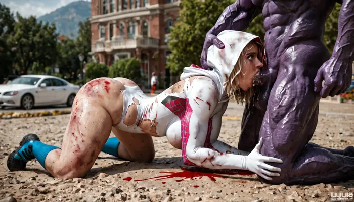 Spider Gwen from dcu, 20 years old, stunningly beautiful face, wearing torned clothes, Spider Gwen uniform ripped with hood, bruised body, multiple abrasion on the body, beaten body, multiple bloody cut on the body, many wound on the body, with a beautiful face, with big breasts 5 sizes bigger, big fat ass 4 sizes, big fat hips, beaten whore, hard abs, Powergirl has horror, fear in her eyes, detailed blue eyes, exhausted face, crying, sadness in her gaze, screams in pain, blood flows from her mouth, blood flows from her nostrils, blood wipes from her mouth, the look of a dirty whore, disheveled hair, dirty hair, dirty body, sweaty body, the observer looks up, the observer looks from the ground, she is forcing to give a blowjob to Thanos, (Thanos from dcu), huge mauve dick, forced blowjob, deep in throat, throat bulge, (dick size:1.5), full body view