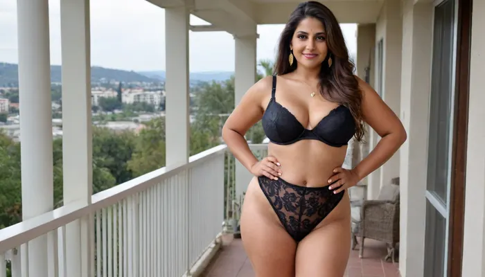 Old, ugly 75-year-old woman, dark blonde, 1.90 m tall. Extremely dark-skinned, black Indian woman, tall, very long hair, hair down to her hips, very glamorous, large hoop earrings, necklace, very wide hips, thick thighs, large culottes, fat woman, very chubby and curvy, long legs, thick legs, large sagging breasts, large sagging tits, on the balcony, selfie, full-body shot, looking into the camera, sexy cheeky smile, sexy mules with heels, looking into the mules, charming, very hot and horny, silk negligee with high waist, sticks her thick fat ass towards the camera, shows her side view from the front, cellulite legs, rear view