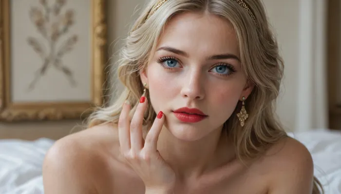 Anastasia with a glass of champagne in her hands.Full-face. Blue eyes and bright red lips.Bright red manicure.Bare shoulders.She wears a diamond crown on her head.