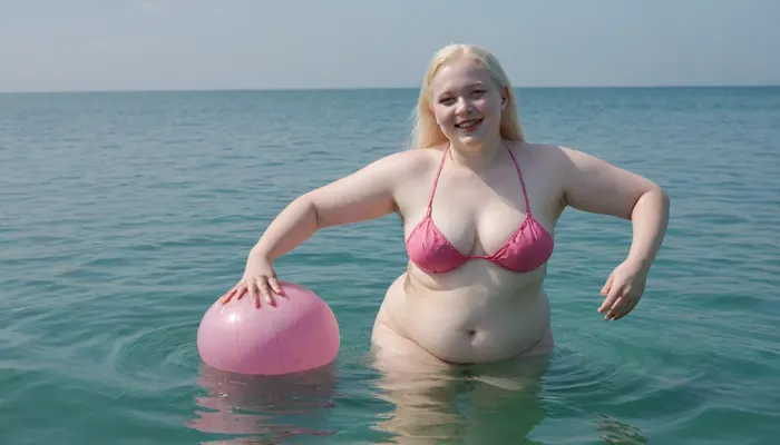 Ukrainian absolutely albino 20-year-old 3-feet-height extremely chubby woman, transparent gauze pink bikini, barefoot, happily smiling, swimming serenely in a clear blue sea