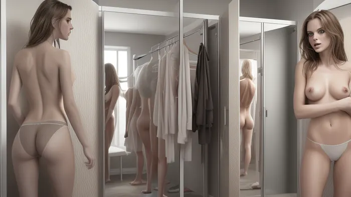 Draw erotic photorealistic image of girls changing room, where girls are undressing, some of them are in panties, some are naked. All girls different. Spying vibe. Detailed bodies, underwear. Textured skin. Hidden zone spy. Spy camera. Sexy half naked bodies.