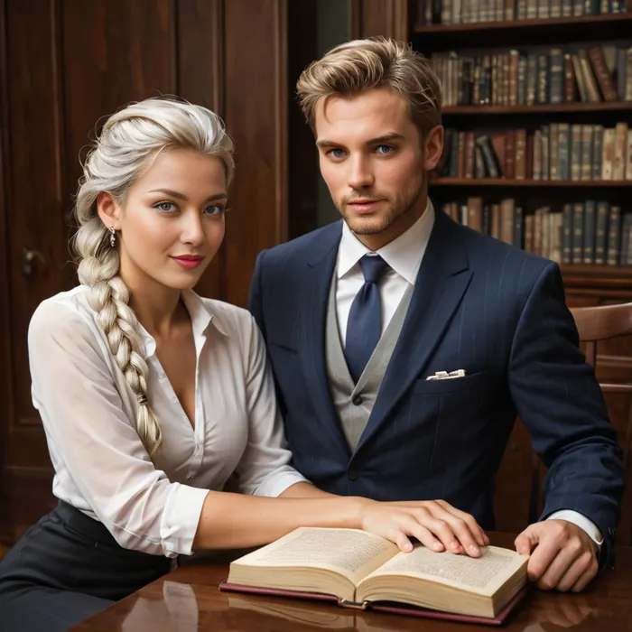 masterpiece, dslr, 2 people, multiple_people, 1man, 1woman, She is sitting on his lap, his hands resting on her waist.She submits and he dominates., (21 yo woman, breathtakingly beautiful, college student, a picture of quiet grace, blonde hair woven into a long braid, delicate face with sharp cheekbones and a soft jawline, her body is lean and toned like someone who’s accustomed to running and swimming.), (70 yo man, dignified, silver hair neatly combed back, no facial hair, intelligent eyes, dressed in a well-tailored suit, he has an air of authority, the kind that comes from years of holding both books and power.), The study around them feels frozen in time—shelves filled with old books.