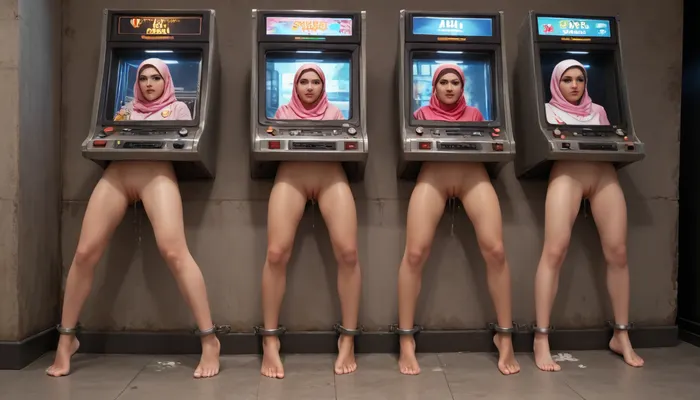 score_9, score_8_up, score_7_up, score_6_up, (lineup of beautiful sluts stuck in round opening in class cases with metal rim:1.3), (spread legs restrained with thick metal rim:1.1), (lineup of separate machines), shackles around feet, (portraits of their beautiful faces on screens), oiled skin, ripped white clothes, after sex, trembling, {{steamy pussy}}, cum in pussy, cum inside, cum leaking out of pussy, cum on ass, excessive cum, pussy juice dripping down to the floor, (detailed HD photos of their faces on the screens of the machines:1.5), {{trembling}}, rolled up their skirts, glory wall, leaking cum, steamy pussy, (object), public display public, (use pussy stuck hole in arcade machine), (arcade machines lined up), (arcade gaming hall), wall writing, concrete wall, Muslim girls, pink hijab, (evenly spaced out lineup of free-standing metal boxes), (evenly spaced out stand-alone full-height metal boxes), (vintage vending machines), (very dark and eerie lighting, cold flickering light, extremely dark:1.4), dirty basement, trash on the floor