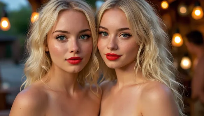 Candid photo, ((two women)), (1 cute 22 year old, 5ft 7in tall, beautiful round face, cute freckles, perky firm 32c, small tight ass, perfect tits, perfect ass, (tan:1.3), blonde hair, (medium feathered hair:1.4), feathered hair, (professional makeup, blush, eyeliner, mascara), full lips, bright blue eyes, perfect eyes, firm body, fit body, smooth skin, perfect teeth, painted fingernails), ((1 absolutely attractive:1.3), 19yr old American female, 5ft 10in tall, beautiful oval face, freckles, (tan:1.3), tanlines, thin athletic body, perfect body, tight small ass, ((wasp waist:1.4)), perfectly detailed skin texture, perfectly detailed sparkling blue eyes, (perfect highlighted blonde hair:1.3), voluminous tousled messy after sex hair, perfect perky firm c breasts, black eyeliner, seductive makeup, full lips, red lipstick, firm body), at a night time backyard Tiki bar, serving drinks to their nude friends, realistic detailed faces, soft features, acting silly, realistic detailed eyes, realistic detailed skin, bad lighting, <lora:MJ52:2>, green, eyes, blue, brown, perfecteyes, <lora:PerfectEyesXL:.8>