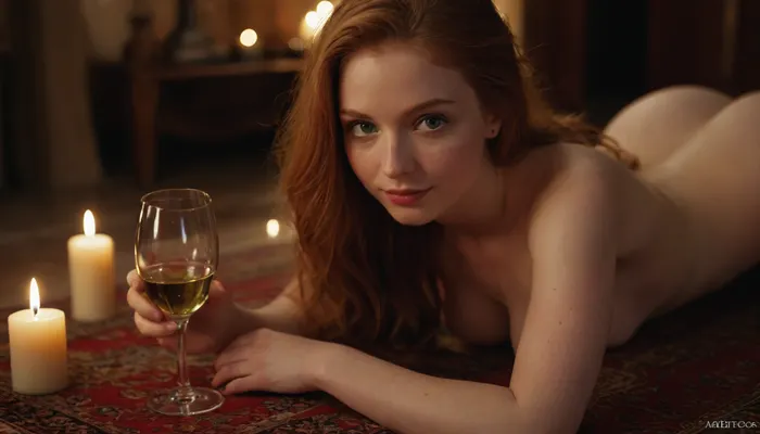 score_9, score_8, {Character, 25yo woman holds a glass of wine, naked, beautiful, gorgeous, seductive, straight ginger hair, layered hairstyle, green eyes, perfect eyes, perfect features, perfect face, perfect hands, perfect feet, fit, curvy, medium teardrop breasts, hard nipples, pale skin, skin blemishes, imperfections, realistic skin texture, slight smile, light makeup}

{Scene, night scene, candlelight, character is laying on a Persian rug, Persian carpet, in a luxurious room, laying on her back, facing the camera, head turned, there are candles in the background}

{Camera, canon dslr, 80mm portrait, gentle bokeh, romantic scene, warm evening with wine, photorealism, finely detailed, detailed shadows, award winning photo, perfect anatomy, detailed face, detailed eyes}