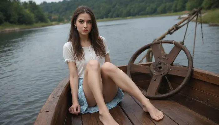 Photorealistic, wide angle, full body view, long brunette hair with a fringe, Cute girl, straight long hair, sits in a boat, river, shows upskirt pussy NEGATIVE_HANDS