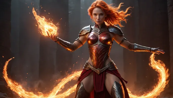 18+ adult woman, full body, empowered by Emberflux flames — molten, flowing red-orange fire that behaves like liquid, wrapping around her arms and legs, forming temporary crystalline armor and sharp ember-like weapons, sparks floating around her glowing like living fire, illuminating her fierce confident expression, short windswept hair with fiery highlights, tight battle-ready outfit with subtle heat-resistant metallic accents, dynamic pose with one hand summoning molten whips and the other forming a shield of hardened ember crystals, glowing embers swirling around her body, background dark with faint smoke and glowing particles, intense dramatic cinematic lighting, highly detailed, realistic textures, fantasy concept art, fire reflections on skin and armor, fantasy warrior, elemental magic, 18+ adult look.