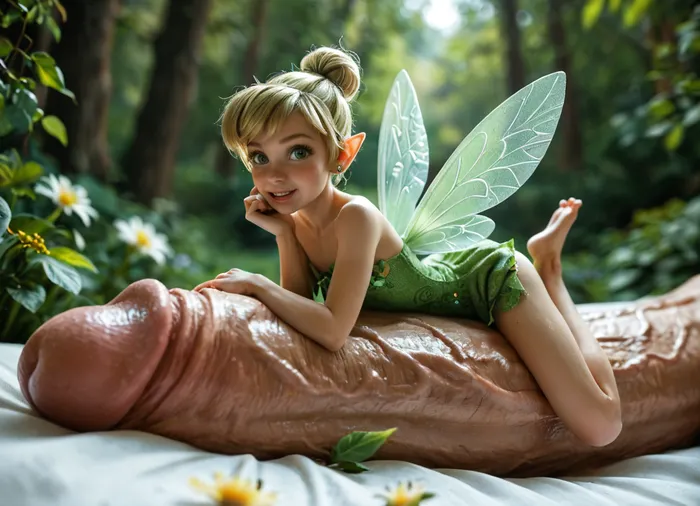 score_9, score_8_up, score_7_up, Disney, tiny fairy relaxing on the side a gigantic cock, (detail gigantic cock:1), (gigantic size difference), (laid on cock, cock is her bed), Tinkerbell, 25 year old, fairy wings, micro-dress, slutty green panties, sexy dress, sexy pose, (flatchest), focus on face, frontside view, looking at viewer, forest many flowers, illuminating Tinkerbell igbaddie, <lora:MJ52:.8>, Tinker-Bell, <lora:Cine Princesses:.8>