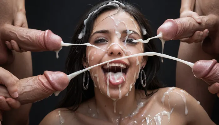 close up of a huge 15 inch white dick, masturbating, (ejaculation:1.7), cumshot into the wide open mouth of a mature curvy woman with black hair, happy, horny, sadistic grim, smiling, tongue sticking out, excessive cum dripping from tongue, black room, black background, (Cum details), realistic cum, Prominent cum, (white cum:1.7), cum on, (Cum flows:1.2), (cum on body:1.3), cum on head, (cum on face:1.3), bukkake, ((body covered with semen)), cum, face, Face covered in cum, (A lot of cum:1.5), surrounded by dicks, 2+ men., <lora:JustCum:.7>, <lora:cum_in_eye_deepmind:.8>
