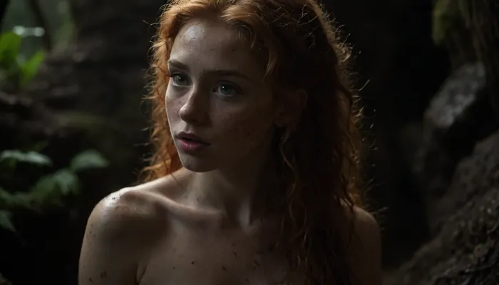 ((((Follow prompts with accuracy)))), wide shot, 18 years old beautiful ginger girl, (younger:1.1), (((extremely long curly bright ginger hair and eyebrows))), ((adorable cute Irish girl with a lot of dark big freckles on face and body)), (((big bright green eyes, sad eyes))), (((mysterious dark muddy dungeon with roots, roots have leaves, muddy, extremely oiled body, extremely lubed body, smiling coyly, backlit character, no cold spotlight, character blends into environment, no artificial cold light, no highlighted character, warm natural light))), turning away showing her rear, looking at viewer with teasing wink, sideview, girl is facing to the left looking into the distance, (((extremely full plump rosy lips))), ((shy, moaning in pure ecstasy, extremely aroused, extremely flushed face and body, dripping wet tiny pussy)), ((heavily flushed face and chest)), ((extremely small tight butt with puffy pink anus)), very small perky breasts, big puffy areolas, big pink thick hard nipples, ((extremely skinny anorexic)), ((many dark big freckles on face, even more darker freckles around her nose)), heavily flushed buttocks, heavily flushed pussy, skinny, very petite, slender, (hyper realistic eyes and iris), ultra detailed, intricate details, (Photo realistic:1.5), 8k, UHD, tack sharp, <lora:dark:2>, solo, 1girl