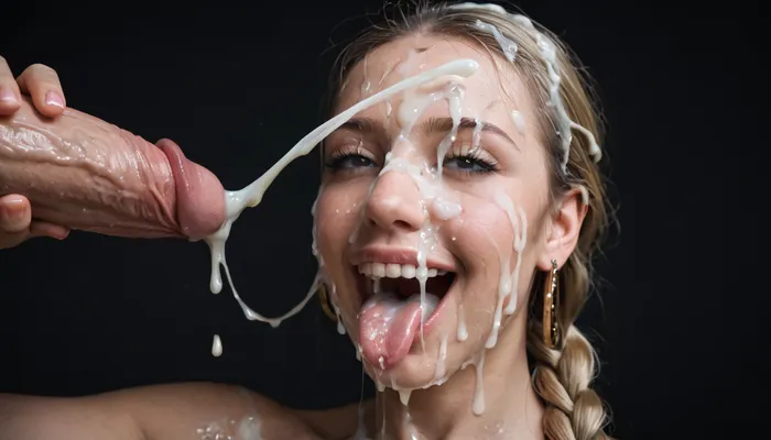 close up of a huge 15 inch white dick, masturbating, (ejaculation:1.7), cumshot into the wide open mouth of a mature curvy woman with blonde hair, long braided ponytail, happy, horny, sadistic grim, smiling, tongue sticking out, excessive cum dripping from tongue, black room, black background, (Cum details), realistic cum, Prominent cum, (white cum:1.7), cum on, (Cum flows:1.2), (cum on body:1.3), cum on head, (cum on face:1.3), bukkake, ((body covered with semen)), cum, face, Face covered in cum, (A lot of cum:1.5), <lora:JustCum:.7>, <lora:cum_in_eye_deepmind:.8>