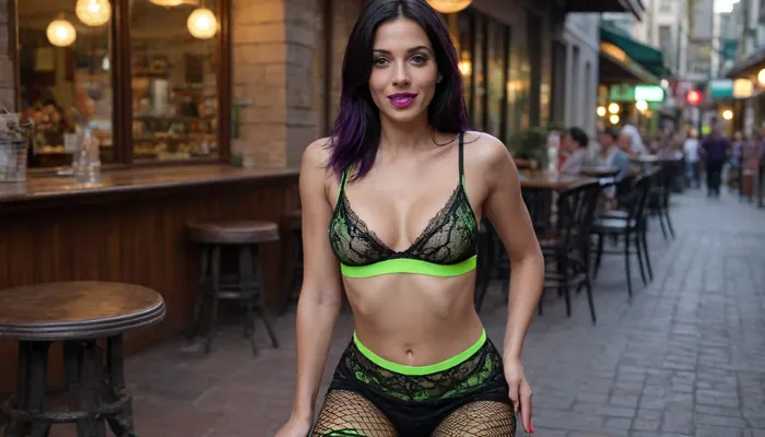 woman sodomized with a dildo, in a street cafe, a woman with long black hair with purple highlights, wet long bob cut, with a sexy neon green tank top without a bra, a refined short black skirt with white fishnet stockings, with transparent white lace panties, intense pink lipstick, sinister smile, with open legs, very thin and muscular stomach, full multi-view