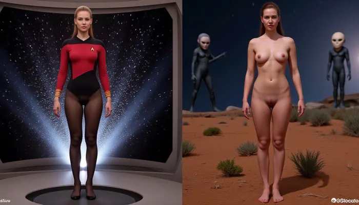 Two images showing before and after, left image is a beautiful woman in a Star Trek uniform standing on the transporter in a starship, with sparkling Star Trek transport light special effect around her, right image she is standing on an alien planet in the same pose, totally naked, full frontal nude, with some transporter beam light effect around her, aliens are watching looking at her in shock.