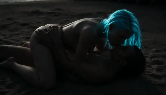 Young couple having, (oral sex), on beach, (strong man:1.5), (young girl:1.5), (lean girl:1.7), (shaved pussy:1.4), (((cunnilingus, sixtynine, blowjob, 69 position))), full body view with focus on girls head, natural sex position, natural light, super detailed, very detailed, masterpiece, happy and funny, girls blue bright glowing neon hair, hrglw, girls hair, (glow neon, <lora:glowing_hair-000006:1.5>, <lora:dark:1.2>)