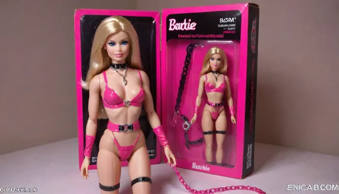 Barbie doll of a bdsm model, unopened packaging, blond hair, middle length hair, bare breasts, included accessories, pink dominatrix outfit, gags, whips, chains, collars, <lora:bdsm_SDXL_1_:.5>, <lora:gonza_v2:.5>