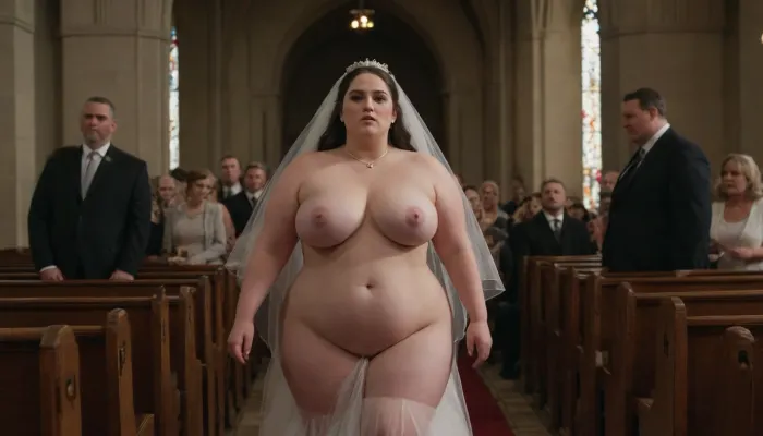 Full body view. A completely nude BBW bride with large saggy F cup breasts is walking down the aisle of the church for her wedding. She is wearing nothing but a veil, collar, leash, and high heels. The people in the pews are watching her., ((character face on bride)), ((nude bride:1))