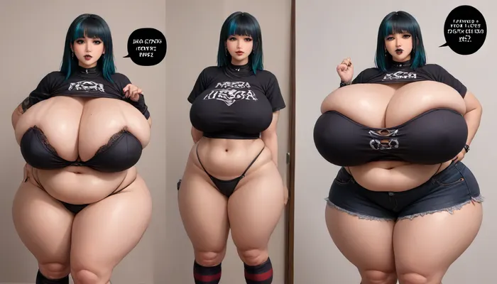 (((The most pefect Before and after sequence side by side in mulilple veiws:1.2), (of a woman that is showing off the extremely hyper fattening drastic changing enlarging effects of a extra mega thick extra fattening weight gain on a all ready absurdly perfectly extra mega thick very fatter very curvy extra mega thick wide plump chubby busty asian american goth woman:1.5))), (she has the most absurdly unreal perfect mega hyper gargantuan sized fat plush growing boobs:1.3), (absurdly hugely hyper Immense fat breasts expansion:1.4), (the most absurdly hyper gargantuan expanding swelling enlarging so much more larger fat boobs:1.4), (she is growing so much many times more hyper extra mega thicker extra plumper extra fatter:1.2), (her so much more hyper enlarging fatten up perfect hyper busty hourglass body figure:1.3), (best face:1.3), ripping her clothes from her most fattening body growth, beautiful, (well-defined most sexy engorging ample ultra mega busty thick fat voluptuous curvy woman:1.1), her progression fatter is increasing her extra voluptuous sexy extra fat body, (the volume of her massive fat breasts and massive fat ass increasing greatly in many sizes with her extra plush extremely extra fattening growth so much more extremely extra massively extra mega thicker extra bustier and extra fatter:1.5), <lora:Venus_Body_Alpha:1.4>, <lora:InflationXL:1.5>, <lora:bottomheavy_v1_sdxl_tags:1.3>, <lora:milkers_v2:1.6>