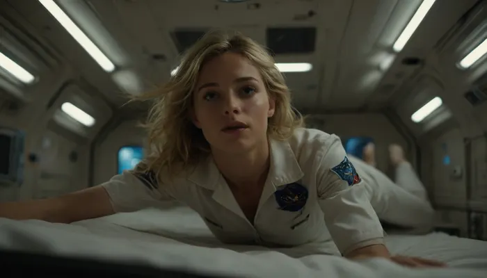 2women, first woman is Diana, full body view of Diana in weightlessness, Diana is a female 29 years old Astronaut works on ISS space station, Diana has a perfect face, a slender and athletic body, blonde long hair, Blue eyes, small breasts, (flat-chested:1.2), (wearing white space uniform:1.4), (half pulled down uniform pants:1), (Dianas body floats weightlessly horizontal in supine position 1m above her bed:1.5), (((levitation:1.5))), (((masturbation:1.6))), ((floating in zero gravity:1.4)), (((weightlessness:1.4))), highly detailed futuristic and cozy huge sleeping place on spaceship, LED lamps, low light, different screens, futuristic technic, (supernova outside window), cinematic, (masterpiece, detailed), sunlight_str1, <lora:sunlight_str1-SDXL_v1-dim64-steps1691:.5>, <lora:MJ52:1.2>