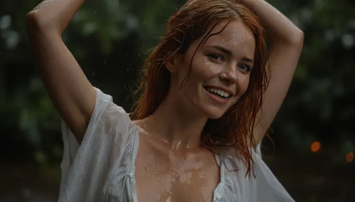 full body view of a young woman in the focused foreground, 22 years old, joyful dancing in hard rain, fully happiness in dancing. messy wet fiery red hair, Her wet face reflects passion, lust, and desire. erotic seductive dance, wet arms up, green eyes, she moans softly, intoxicated by so much sexual stimulation., (waterlogged white shirt with wide neckline:1.3), (hard long erected nipple:1.5), detailed nipple, (nude nipple:1), Photorealistic skin, freckles, wet skin, ecstasy, joy, and lust, (shallow depth of field:1.7), photorealistic., FRESHIDEAS, Real, Photography, 2#, hvrn, heavy, rain, <lora:FRESHIDEAS Real Photography 2#:.8>, <lora:MJ52:.8>, <lora:607315_training_data:.8>