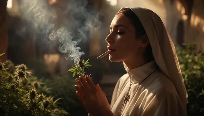 (warm ambient light:1.5), A slim, flat-chested, sexy nun sits in the monastery, holding cannabis in a rolled, conical hash cigarette. In the garden, there are numerous cannabis plants in full bloom, (perfect cannabis buds:1.5), perfect face, looking at the smoke, perfect hands, perfect joint. It's a late summer afternoon, the sun is low and backlights the scene, rays of sunlight beautifully break through the smoke. Happy, content, satisfied, smiling, the focus is on the nun, the background is blurred., the entire image is designed using technical parameters to create a warm, romantic atmosphere. Ganja, flowers, cannabis, marijuana, leaves, plants, resin, glands, nugs, edgFae, flower, fairy, style, wearing, sunlight_str1, vibrant, dream, pale, reality, elven, architecture, cloudy, smoke, atmospheric, clouds, fog, <lora:sunlight_str1-SDXL_v1-dim64-steps1691:1.3>, <lora:vibrant_dream:.6>, <lora:MJ52:.4>, <lora:EnvyElvishArchitectureXL01:.8>, <lora:Cloudy_Style:1>