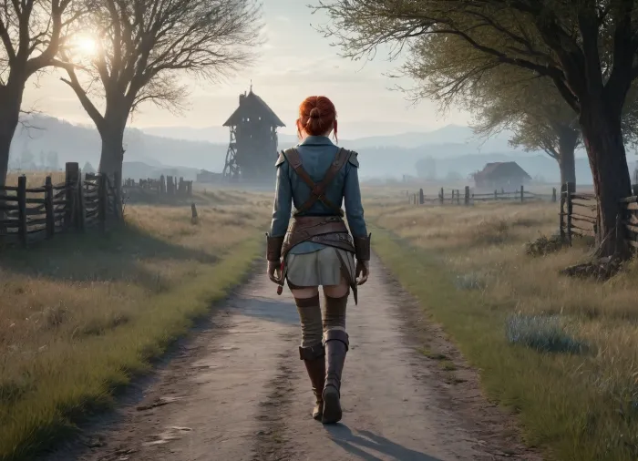 A full body view of an elf hybrid survivor girl walking along a cracked road in Fallout inspired countryside, red hair tied in rough braids and bun, freckles across pale skin, high cheekbones, sharp jawline, thin lips, pointed ears, detailed face, sleeves rolled up to show bare arms and part of shoulder, wearing layered worn fabrics, patched jacket partly open, rugged pants, leather straps, belts with pouches, reinforced boots, fingerless gloves, handmade trinkets, glowing runes drawn across cloth, carrying a small backpack and utility belt, holding an energy bow glowing with soft blue light, moving forward with determined stride as if searching for shelter, road surface broken with grass pushing through, remains of wooden fence nearby, scattered trees and wild plants, far ruined farm house, old rusted tower under faint orange haze across distant sky line, cinematic mood, epic and tense feeling, strong directional lighting, volumetric light, ultra detailed, hyper realistic, 8k, photoreal look, masterpiece, sharp focus, fine intricate detail, concept artwork, HDR, post collapse world, fantasy mix, realistic textures, dramatic digital art