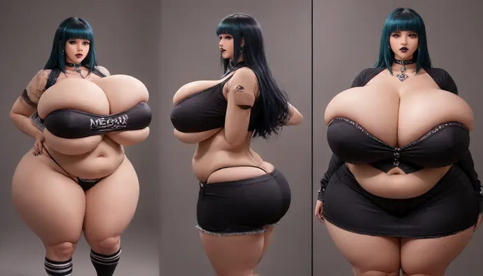 (((The most pefect Before and after sequence side by side in mulilple veiws:1.2), (of a woman that is showing off the extremely hyper fattening drastic changing enlarging effects of a extra mega thick extra fattening weight gain on a all ready absurdly perfectly extra mega thick very fatter very curvy extra mega thick wide plump chubby busty asian american goth woman:1.5))), (she has the most absurdly unreal perfect mega hyper gargantuan sized fat plush growing boobs:1.3), (absurdly hugely hyper Immense fat breasts expansion:1.4), (the most absurdly hyper gargantuan expanding swelling enlarging so much more larger fat boobs:1.4), (she is growing so much many times more hyper extra mega thicker extra plumper extra fatter:1.2), (her so much more hyper enlarging fatten up perfect hyper busty hourglass body figure:1.3), (best face:1.3), ripping her clothes from her most fattening body growth, beautiful, (well-defined most sexy engorging ample ultra mega busty thick fat voluptuous curvy woman:1.1), her progression fatter is increasing her extra voluptuous sexy extra fat body, (the volume of her massive fat breasts and massive fat ass increasing greatly in many sizes with her extra plush extremely extra fattening growth so much more extremely extra massively extra mega thicker extra bustier and extra fatter:1.5), <lora:Venus_Body_Alpha:1.4>, <lora:InflationXL:1.5>, <lora:bottomheavy_v1_sdxl_tags:1.3>, <lora:milkers_v2:1.6>
