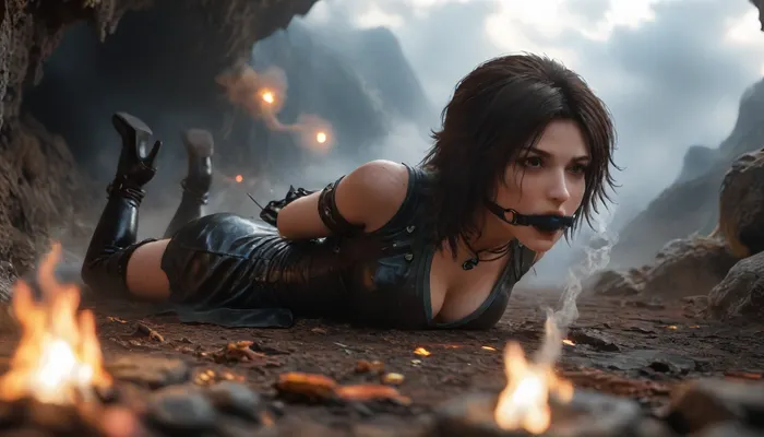 Tomb Raider laying behind a large campfire in front of the cave dwelling, random facial emotions, (highly detailed clothes:1.6), leather miniskirt, leather boots with high heels, beigeb uckskin dress, big brown eyes, (medium natural breasts:1.2), prone with arms restrained behind her back, cleavage, upskirt, ball gagged, (very sweaty), cloudy, smoke, atmospheric, clouds, fog, Black, and, white, art, black, shading, charcoal, darkness, toned, brutal, dark, b/w, color, scheme, <lora:add-detail-xl:2>, <lora:MJ52:1.9>, <lora:Cloudy_Style:2>, <lora:Hell_Constantine_2005_-_Anime:.3>, <lora:Black and white art.V1:2>, top view, side view