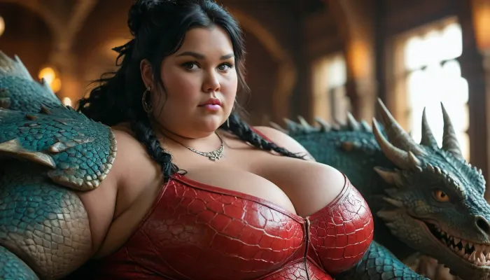 Strong obese dragon rider woman, ((massive bust)), Dynamic Shot, gorgeous face, beautiful eyes, black hair, tanned skin, smirk, (fat bbw:1.3), <lora:MJ52:.8>